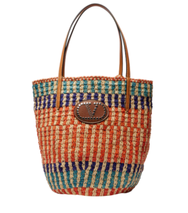 VLogo leather-trimmed raffia tote bag