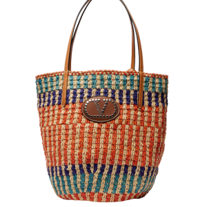 VLogo leather-trimmed raffia tote bag