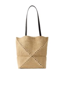 '+ Paula's Ibiza Puzzle Fold medium leather-trimmed raffia tote