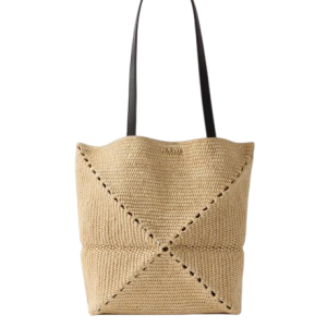'+ Paula's Ibiza Puzzle Fold medium leather-trimmed raffia tote