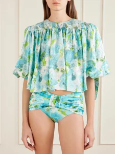 Cropped smocked floral-print silk-jacquard blouse