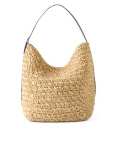 Leather-trimmed raffia shoulder bag