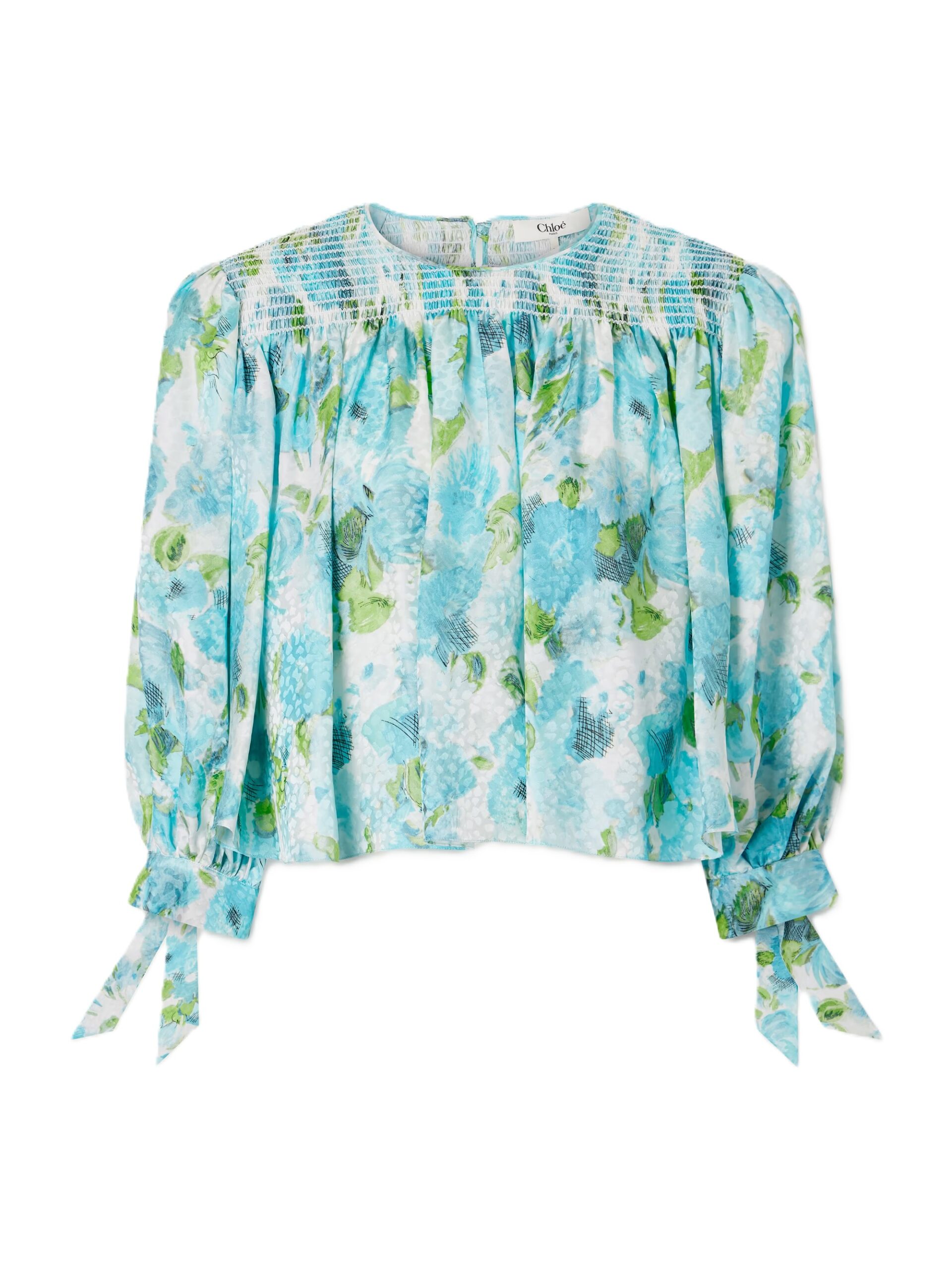 Cropped smocked floral-print silk-jacquard blouse