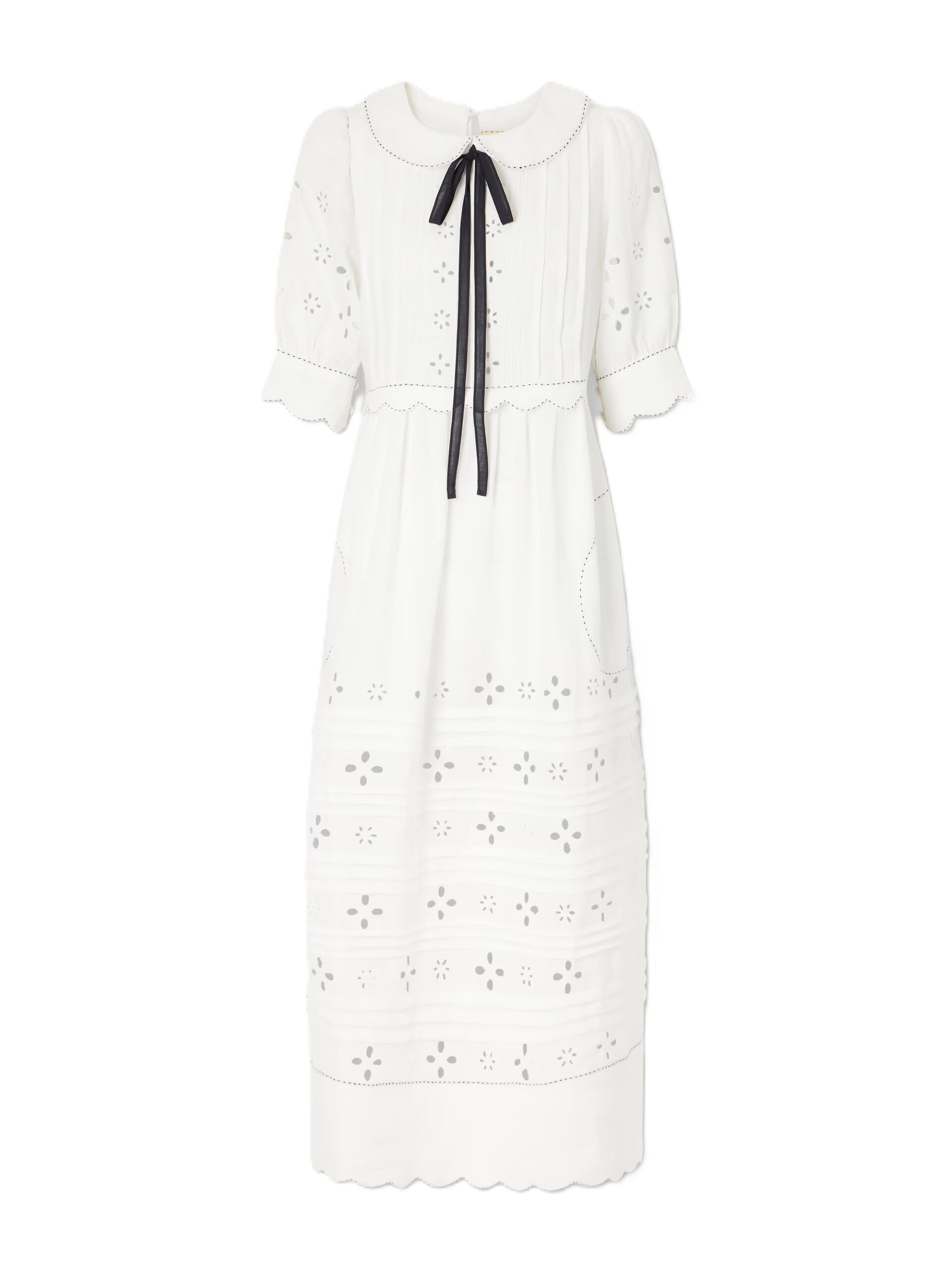 Bari tie-detailed broderie anglaise-trimmed linen midi dress, White