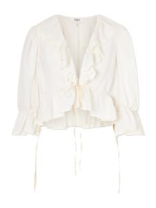 Lace-trimmed ruffled silk-georgette blouse, White