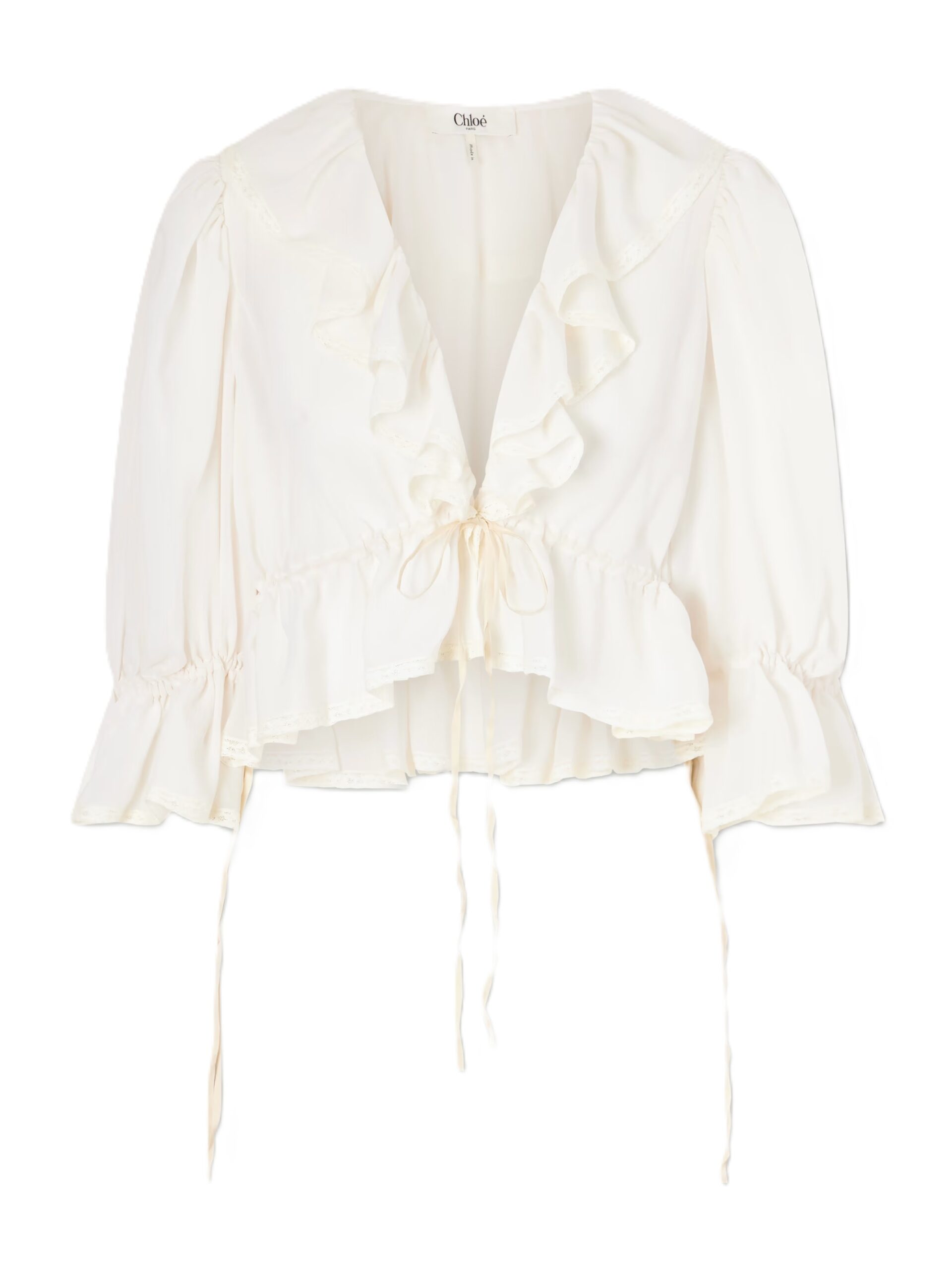 Lace-trimmed ruffled silk-georgette blouse, White